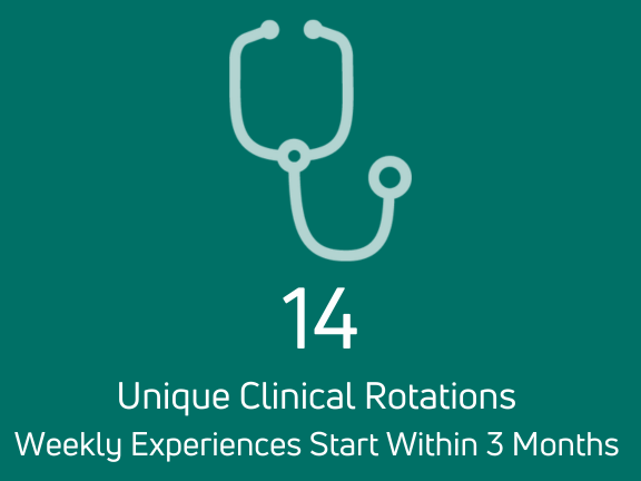 Clinical Icon_Updated Stethoscope icon with text: "14 Unique Clinical Rotations. Weekly Experiences Start Within 3 Months."