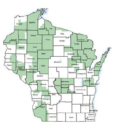 Wisconsin primary care physician shortage map, 2011 (SOURCE: Wisconsin Office of Rural Health, 2011)