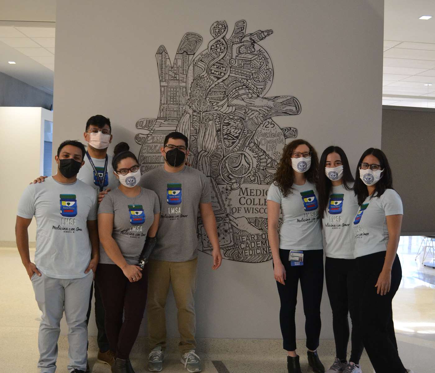 MCW LMSA students standing in the Hub Building