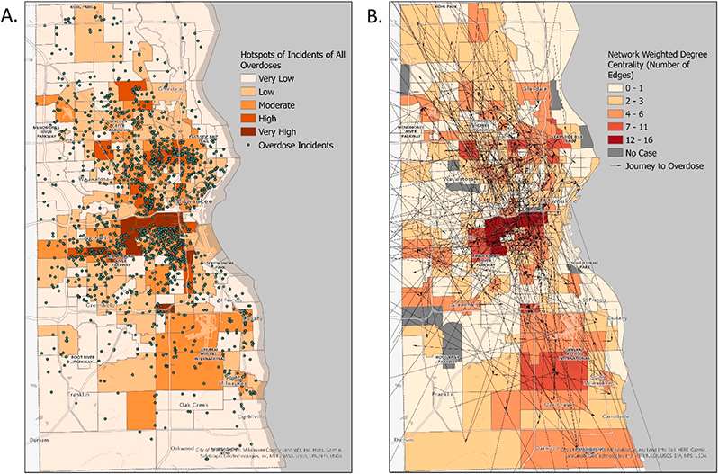 Data map showing overdose journeys and overdose death locations