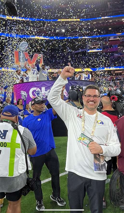 MCW alumni Dr. Casey Batten, lead medical team physician for the Los Angeles Rams, celebrating at Super Bowl LVI