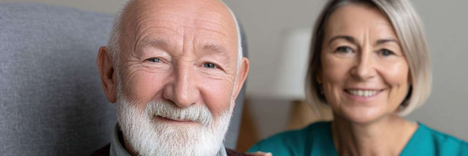 Older man and woman standing together