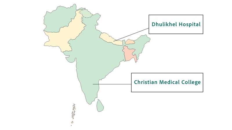 Global Neurosurgery partners map, Southeast Asia: Dhulikhel Hospital, Nepal; Christian Medical College, India
