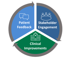 Systems of Care described as Patient Feedback fueling stakeholder engagement, stakeholder engagement fueling clinical improvements and clinical improvements fueling patient feedback