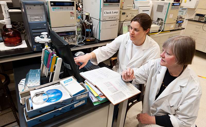 Female Lab Researchers Working at Computer Picture Female Lab Researchers Working at Computer Picture