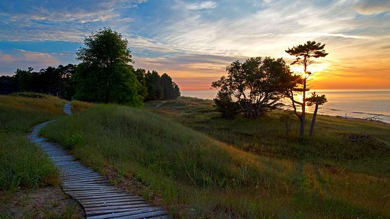 Boardwalk along a lake at sunset