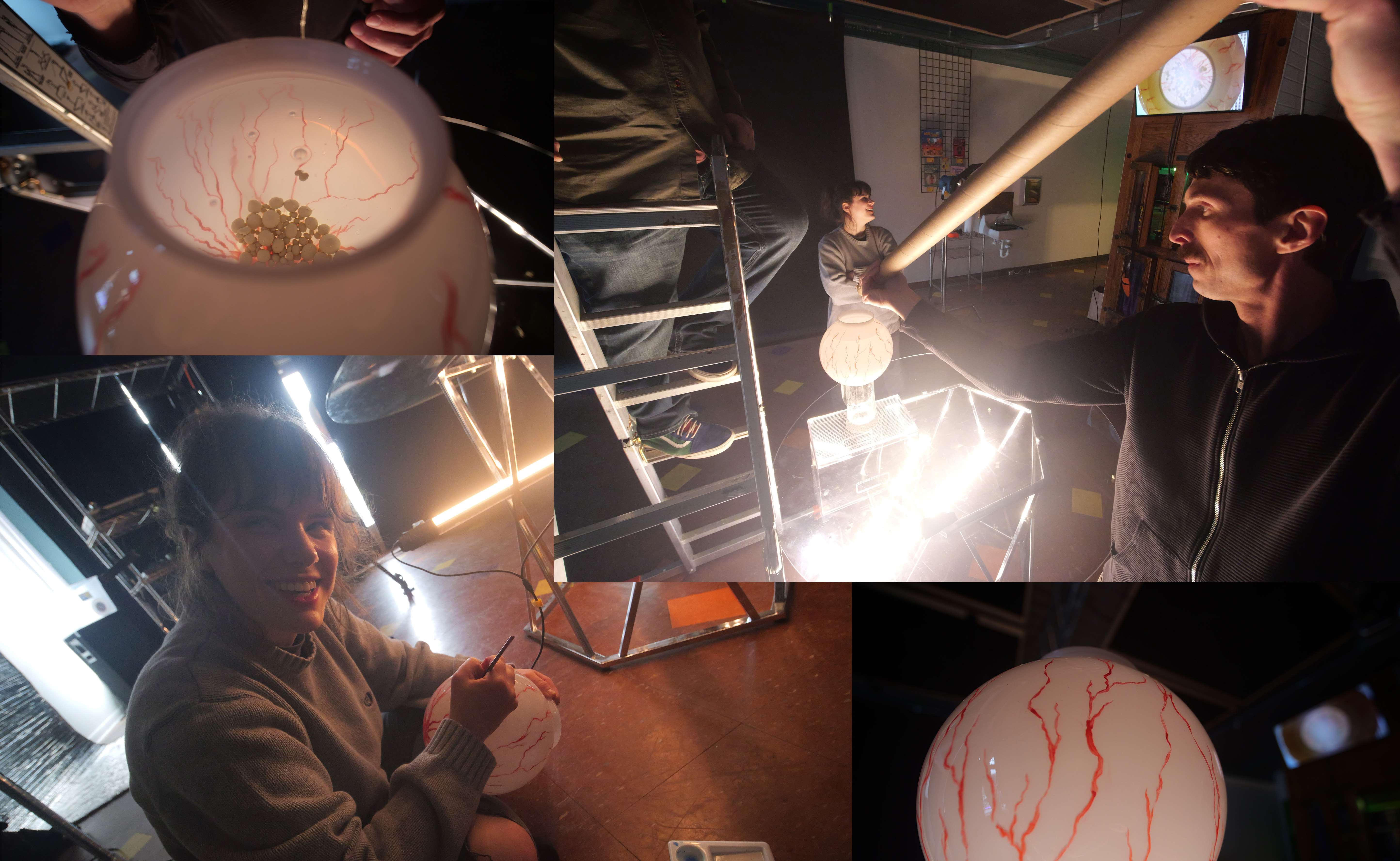 Set design and filming of a scene depicting calcium spherules being deposited in the eye. Amanda paints veins on a glass light fixture that is filled with mineral oil.