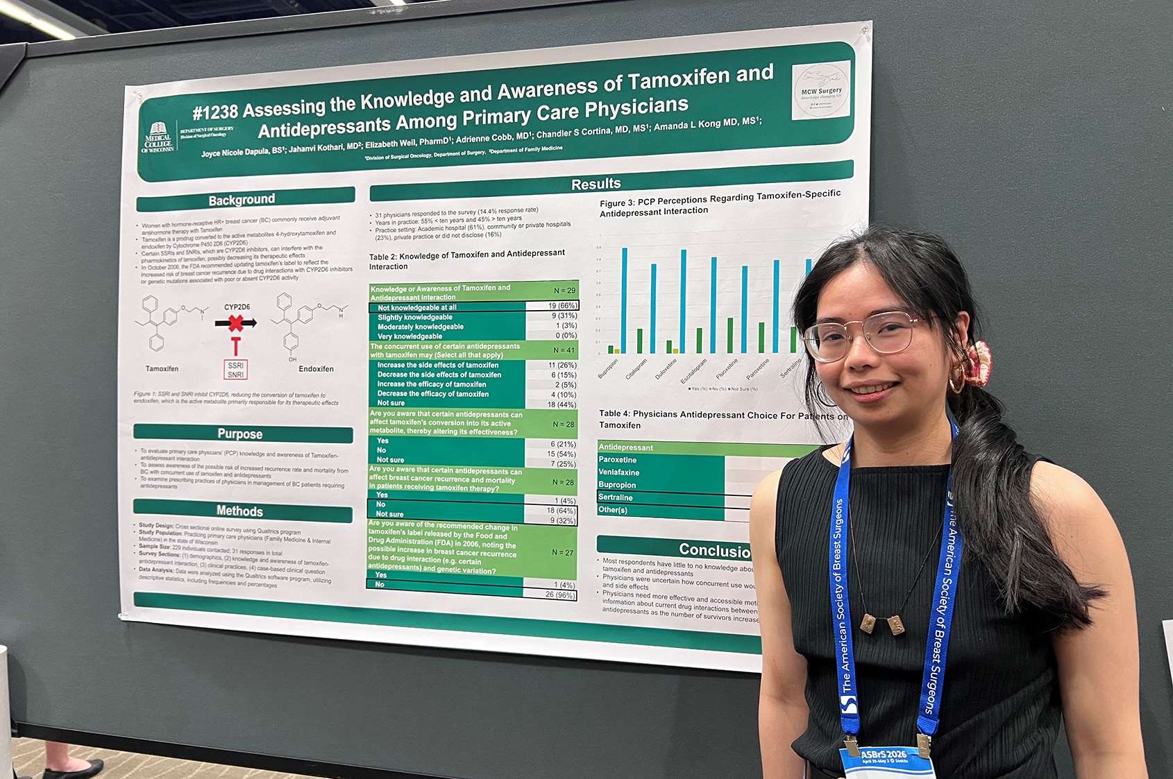 Joyce Dapula presenting a poster at the American Society of Breast Surgeons 2026 Annual Meeting in Seattle, WA