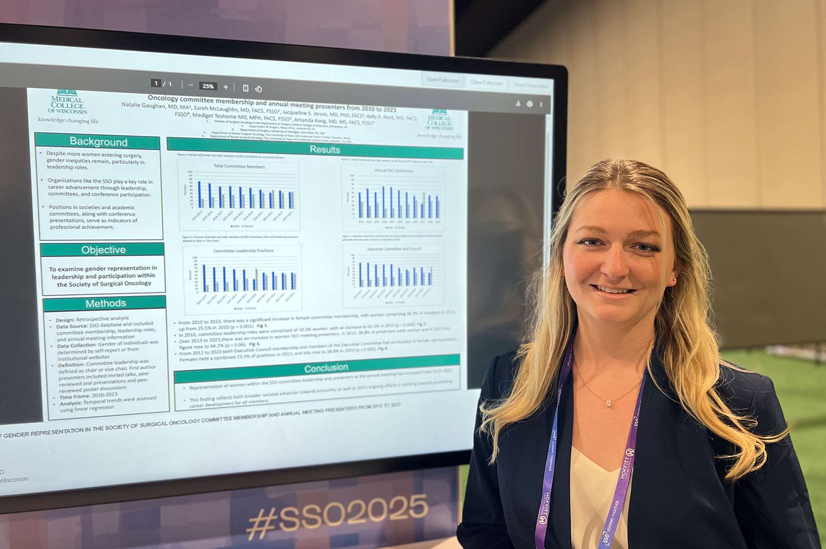 Natalie Gaughn, MD, presenting a poster at the 2025 Society of Surgical Oncology Meeting in Tampa, FL