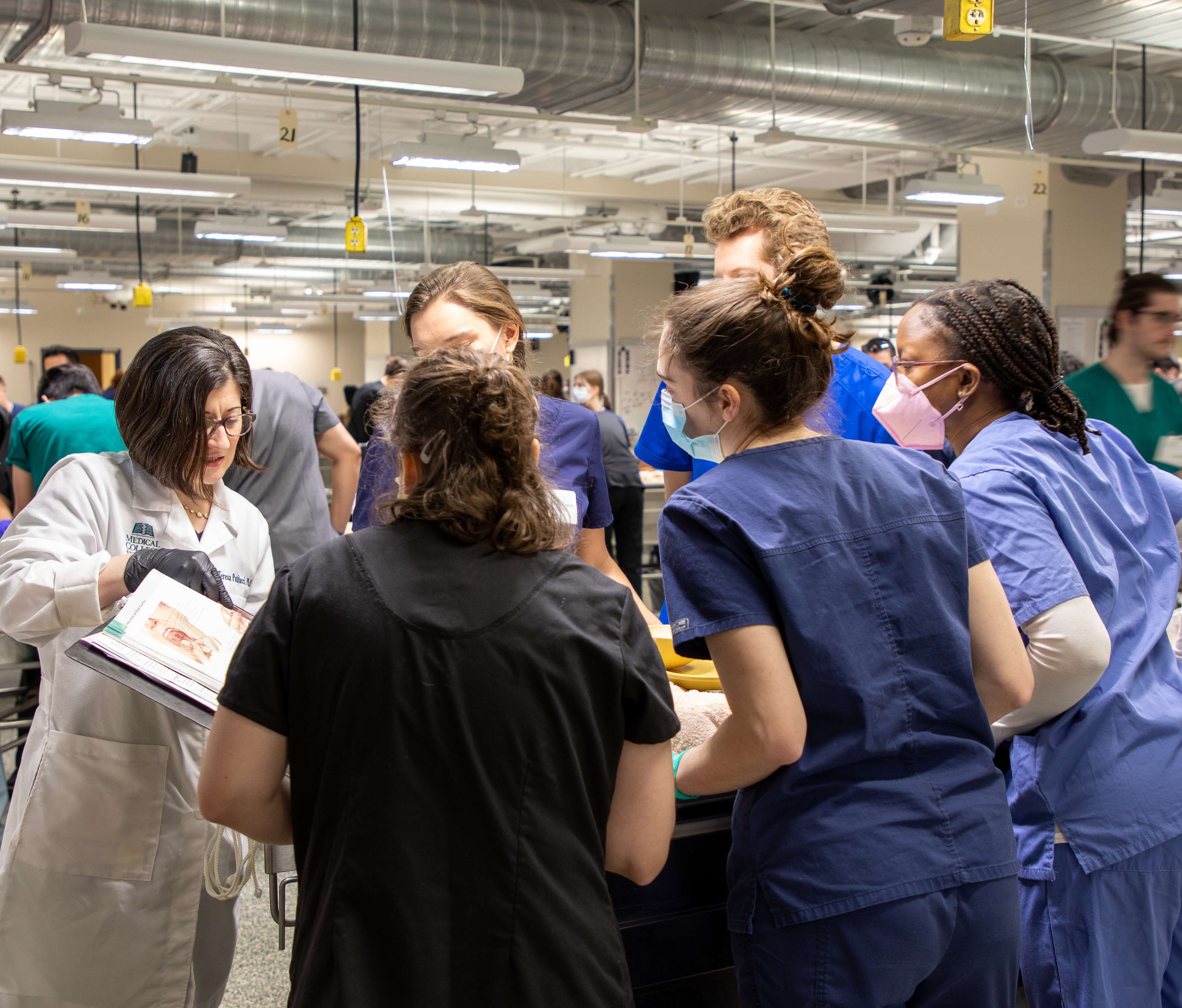 Students interacting in research laboratory