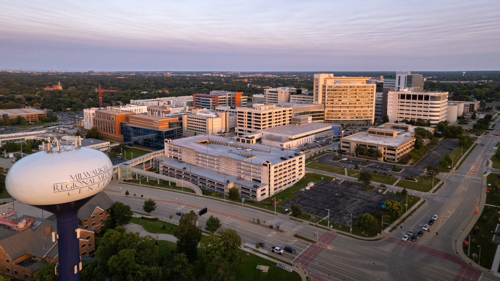 MCW Pharmacy MRMC_Intro Component Aerial photo of the Milwaukee Regional Medical Center campus, including the Medical College of Wisconsin, Children's Wisconsin and Froedtert Hospital.