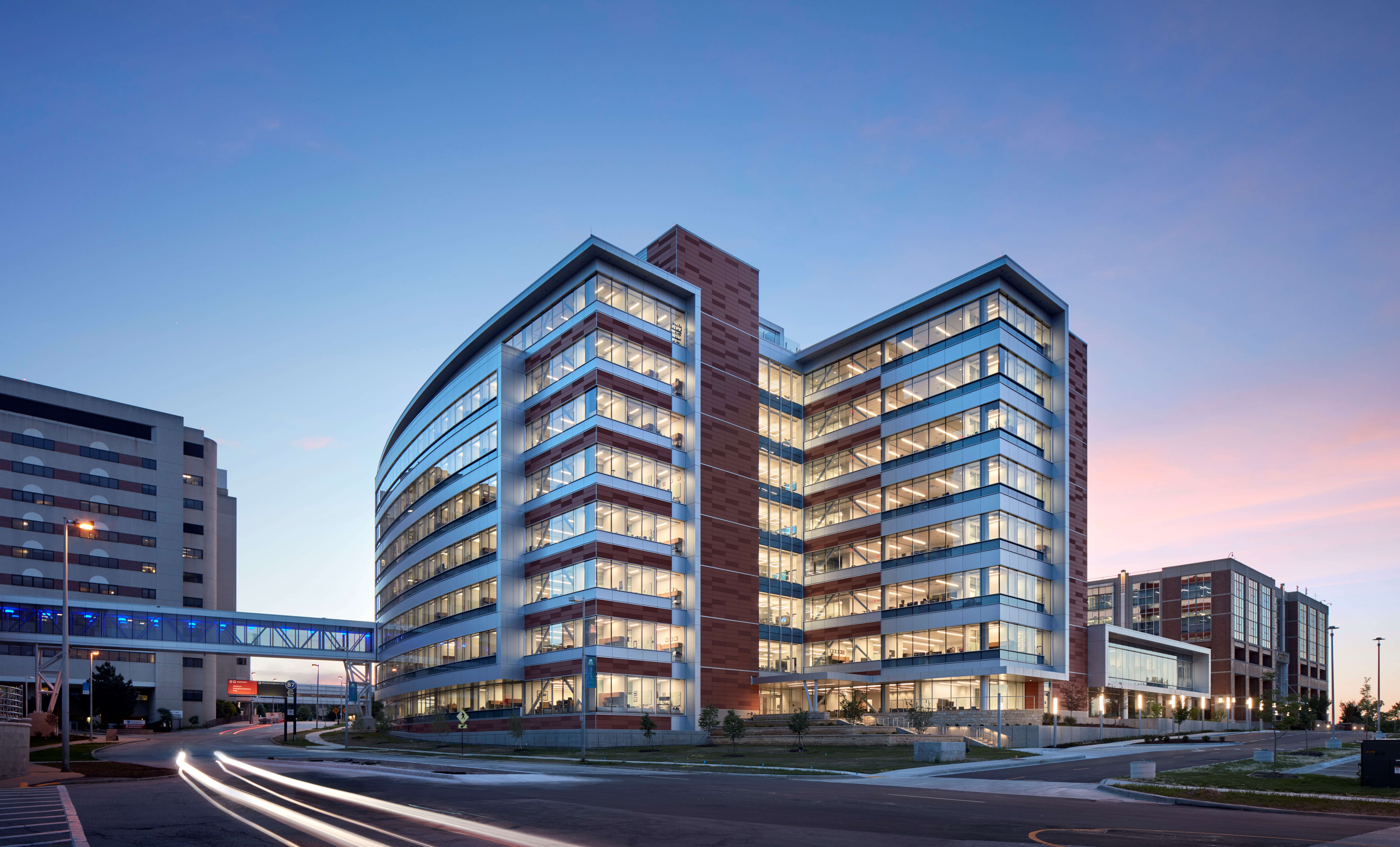 MCW Hub for Collaborative Medicine building at sunset