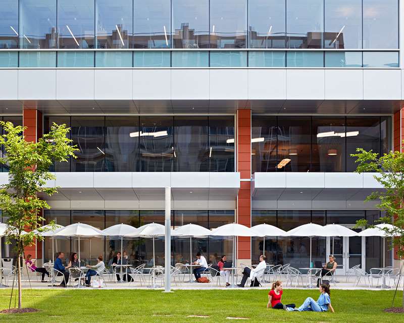 Medical College of Wisconsin courtyard with people at tables