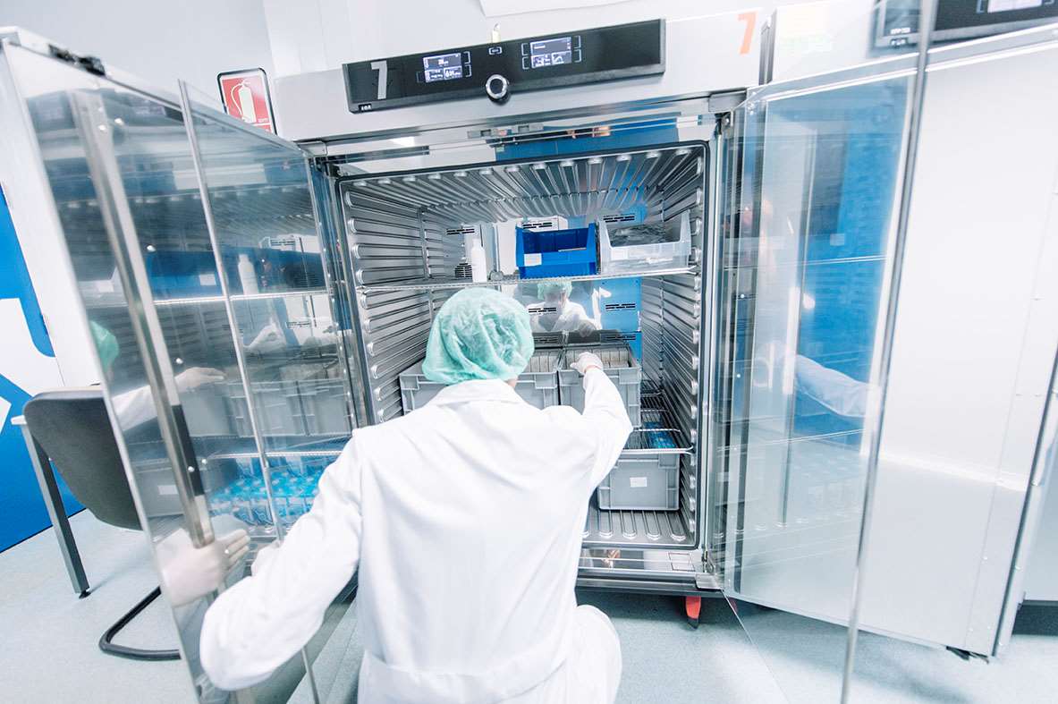 Researcher surveying samples in refrigeration